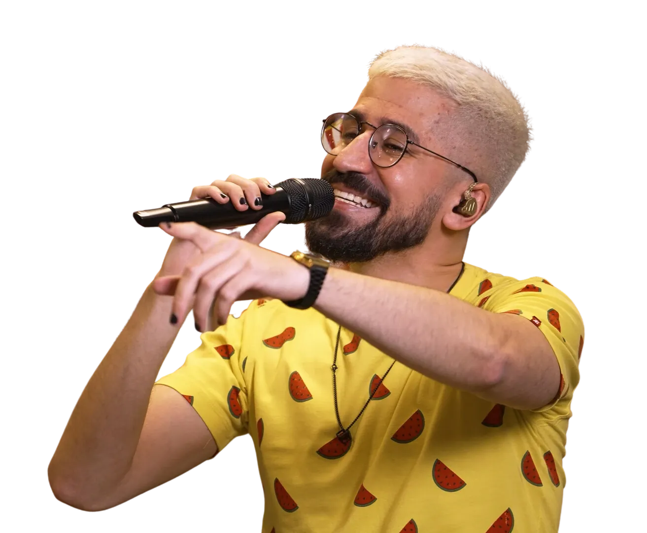 Foto do Leleco cantando, recortada com fundo transparente